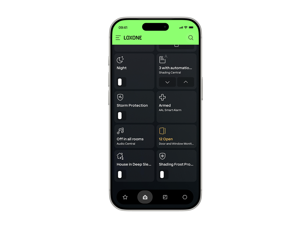 Official Loxone App on a smartphone with a dark interface