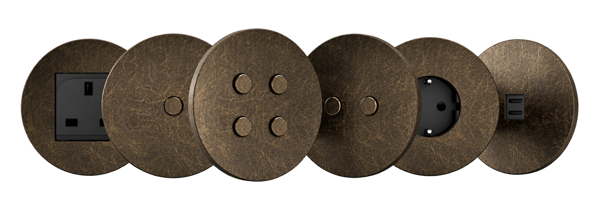 Ekinex PROXIMA round collection with one, two and four-button controls and matching socket and USB accessories